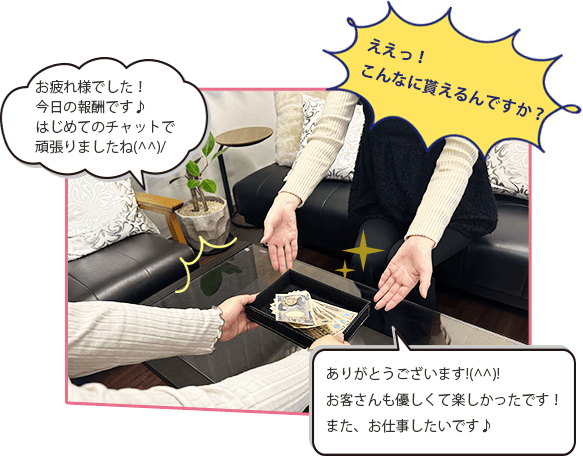 お疲れ様でした!今日の報酬です♪はじめてのチャットで頑張りましたね(^^)/ええっ!こんなに貰えるんですか?ありがとうございます!(^^)!お客さんも優しくて楽しかったです!また、お仕事したいです♪