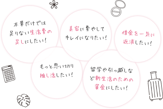 本業だけでは足りない生活費の足しにしたい!もっと思い切り推し活したい!美容に費やしてキレイになりたい!留学や引っ越しなど新生活のための資金にしたい!借金を一気に返済したい!